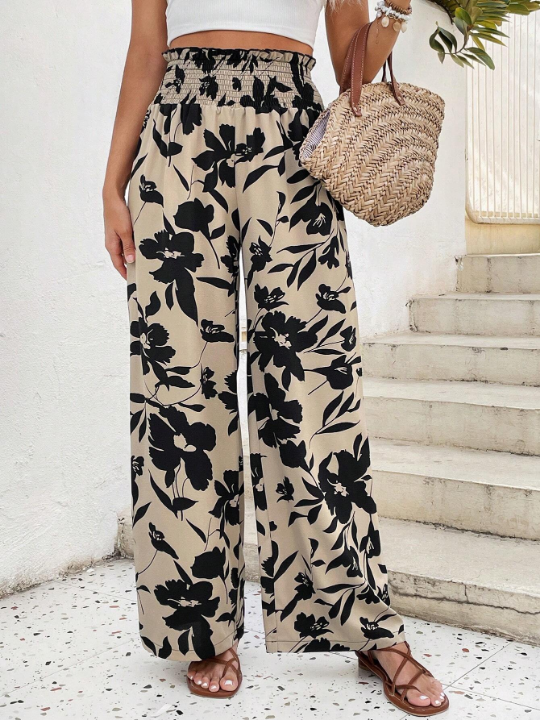 VCAY Floral Printed Elastic Waist Wide Leg Pants