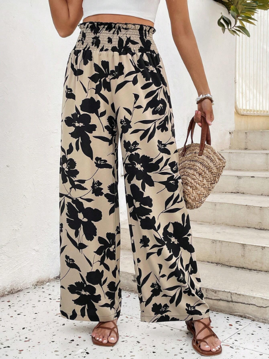 VCAY Floral Printed Elastic Waist Wide Leg Pants