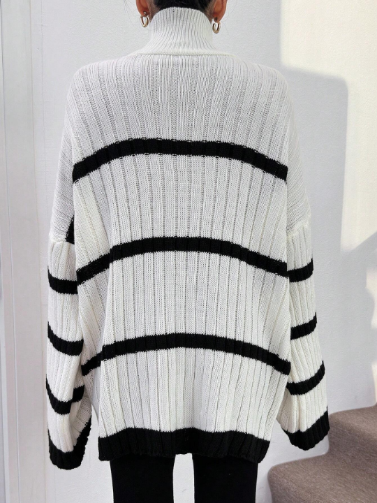 Women's Color Block Striped Turtleneck Batwing Sleeve Sweater
