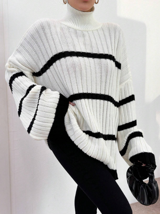 Women's Color Block Striped Turtleneck Batwing Sleeve Sweater