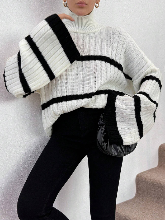 Women's Color Block Striped Turtleneck Batwing Sleeve Sweater