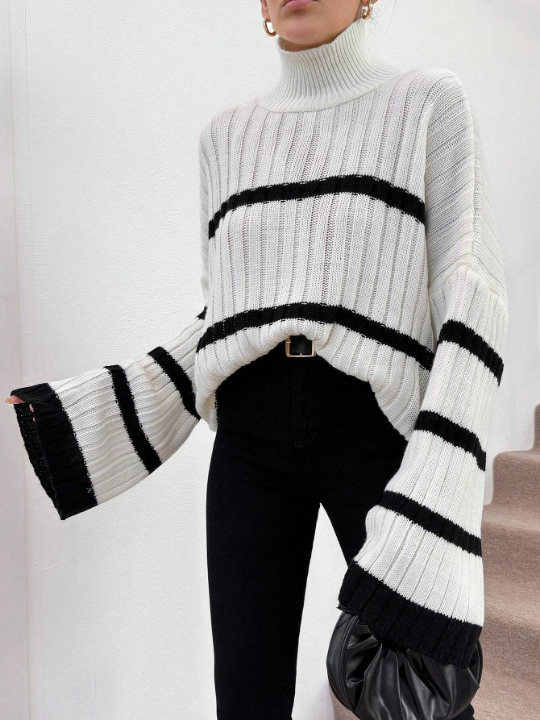 Women's Color Block Striped Turtleneck Batwing Sleeve Sweater