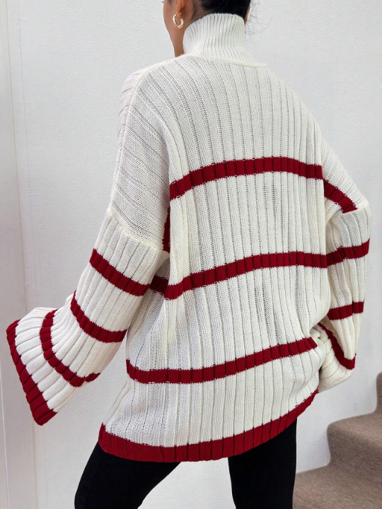 Women's Contrast Color Striped High Neck Batwing Sleeve Sweater