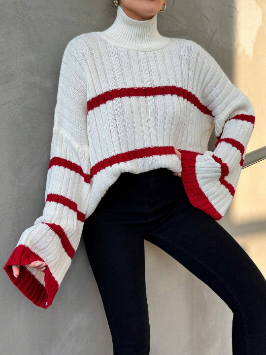 Women's Contrast Color Striped High Neck Batwing Sleeve Sweater