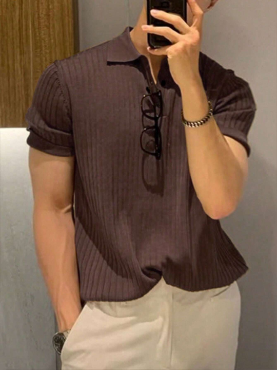 Manfinity Hypemode Men's Solid Color Rib-Knit Polo Shirt