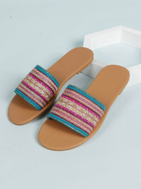 Summer Women's Colorful Embroidery Flat Slippers, Beach Sandals, Sexy Party Shoes