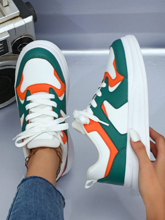 Stylish White Green Orange Colorblock Comfortable Outdoor Skate Shoes With Lace-Up Closure, Round Toe And Low Top Design, Perfect Gift For Sporty And Girly Ladies On Festival