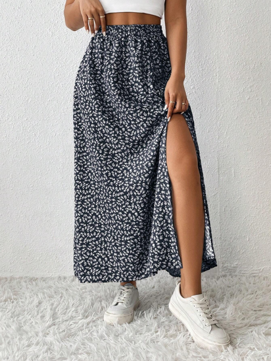 PETITE Women's Floral Print High Slit Midi Skirt