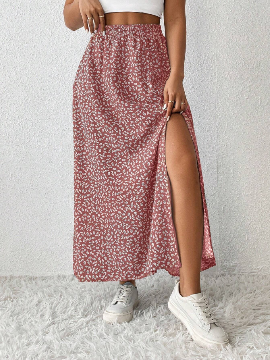 PETITE Women's High Slit Floral Print Skirt