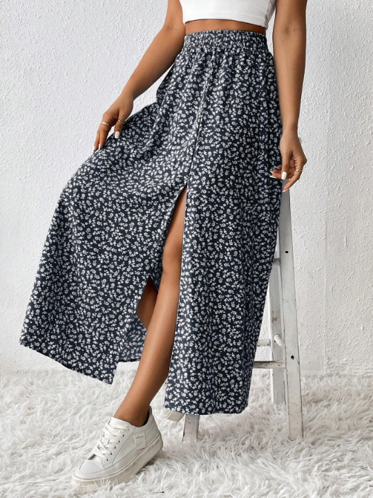 PETITE Women's Floral Print High Slit Midi Skirt