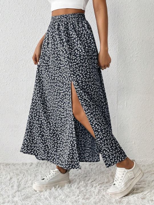 PETITE Women's Floral Print High Slit Midi Skirt