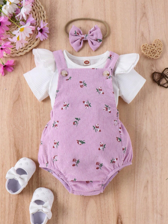 Baby Girl Ruffle Hem T-Shirt And Floral Overalls Set