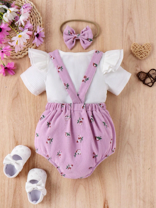 Baby Girl Ruffle Hem T-Shirt And Floral Overalls Set