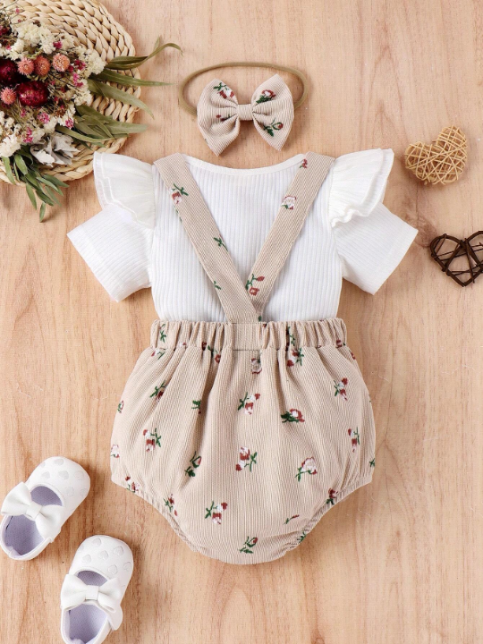 Baby Girl's Ruffle Trimmed T-Shirt And Floral Overalls Set