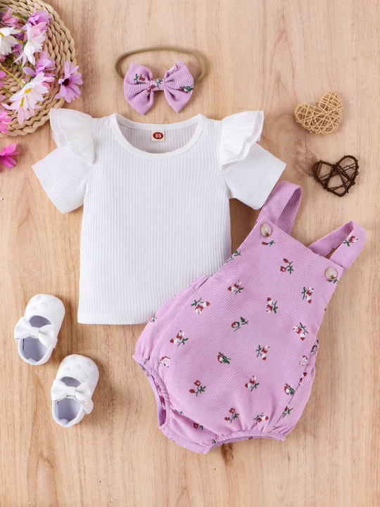 Baby Girl Ruffle Hem T-Shirt And Floral Overalls Set