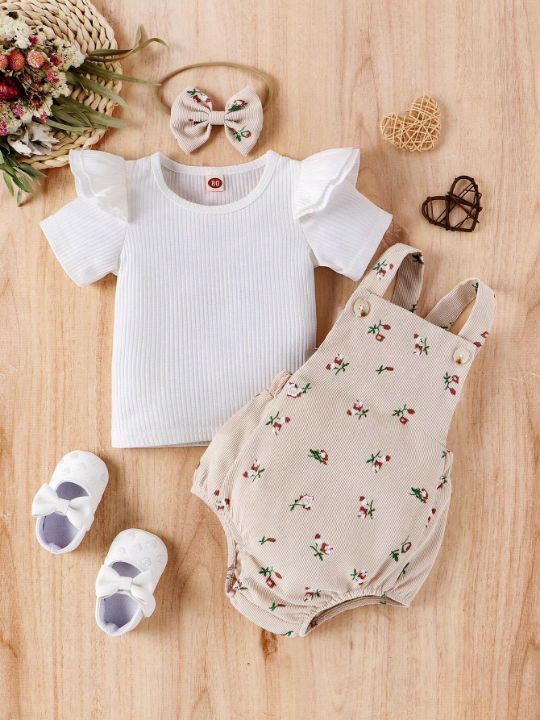 Baby Girl's Ruffle Trimmed T-Shirt And Floral Overalls Set