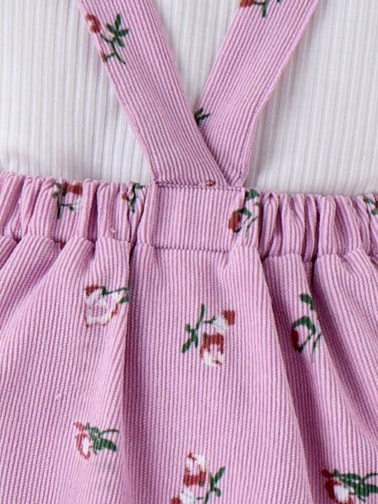 Baby Girl Ruffle Hem T-Shirt And Floral Overalls Set