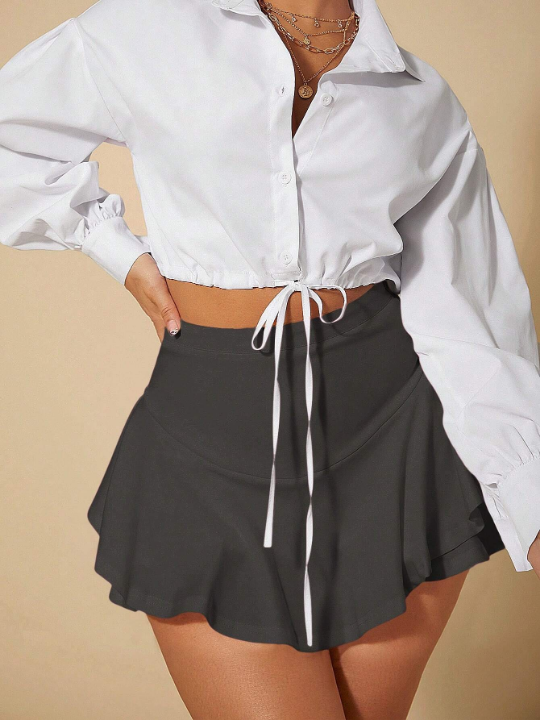 SXY Solid Color Ruffled Hem Skort