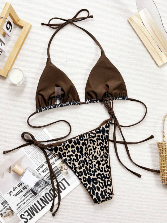 Women's Leopard Print Halter Strap Separated Bikini Set With Micro Triangle Bottom