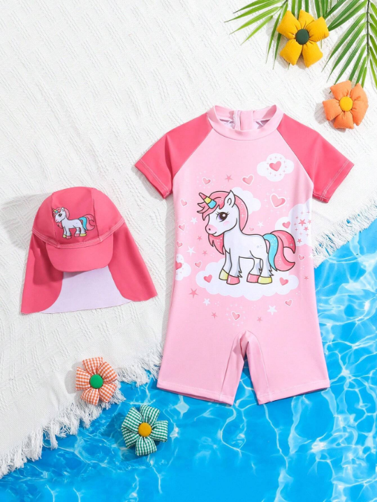 Baby Girl's Unicorn Printed One-Piece Swimsuit With Hat