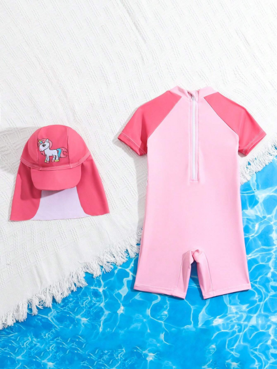 Baby Girl's Unicorn Printed One-Piece Swimsuit With Hat