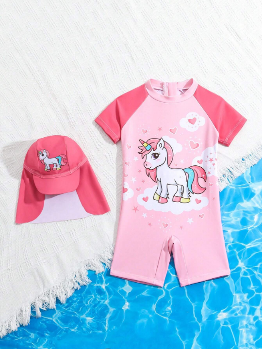 Baby Girl's Unicorn Printed One-Piece Swimsuit With Hat