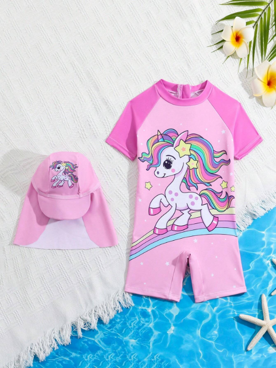 Baby Girl's Unicorn Printed One-Piece Swimsuit (With Hat)