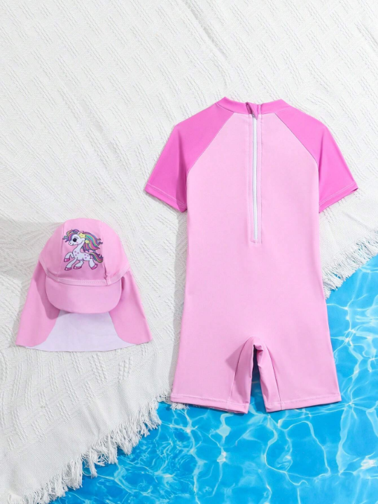 Baby Girl's Unicorn Printed One-Piece Swimsuit (With Hat)