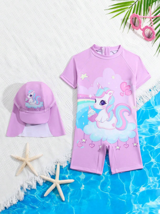 Baby Girl Unicorn Printed One-Piece Swimsuit (With Cap)