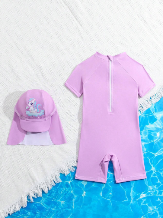 Baby Girl Unicorn Printed One-Piece Swimsuit (With Cap)