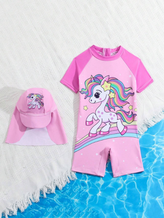 Baby Girl's Unicorn Printed One-Piece Swimsuit (With Hat)