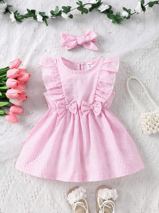 Baby Girl's Bowknot Decor Ruffle Edge Trim Dress