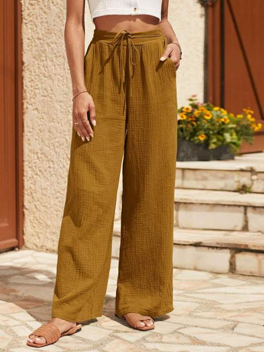 Frenchy Women's Solid Color High Waist Tie Belted Long Pants