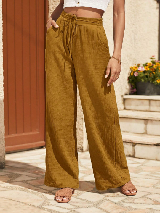 Frenchy Women's Solid Color High Waist Tie Belted Long Pants