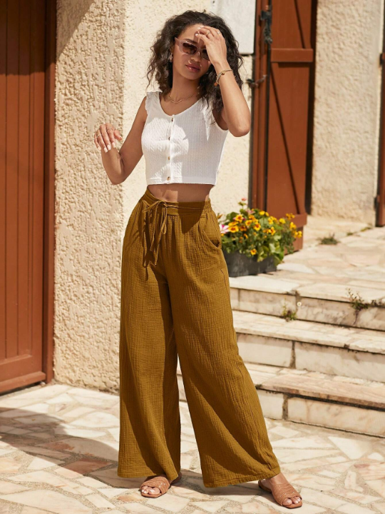 Frenchy Women's Solid Color High Waist Tie Belted Long Pants