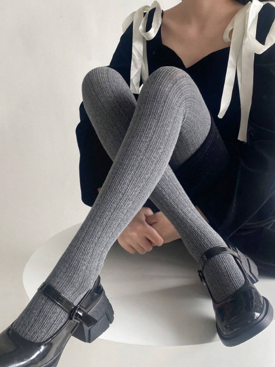 Women's Middle Gray Marled Cable Knit Tights For Autumn/Winter/Early Spring