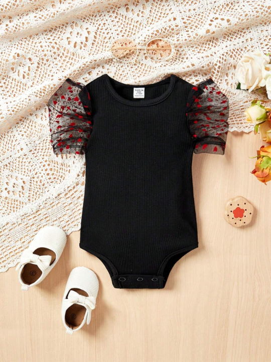 Baby Girl Casual Knitted Color Block Heart Mesh Bodysuit With Snap Crotch