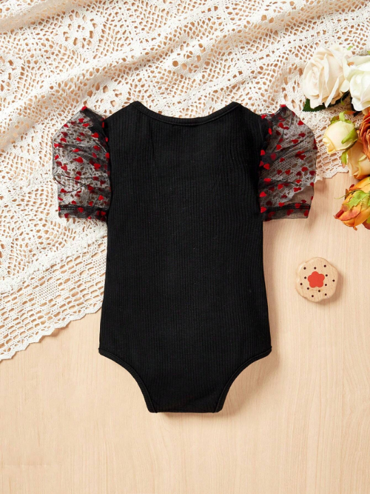 Baby Girl Casual Knitted Color Block Heart Mesh Bodysuit With Snap Crotch