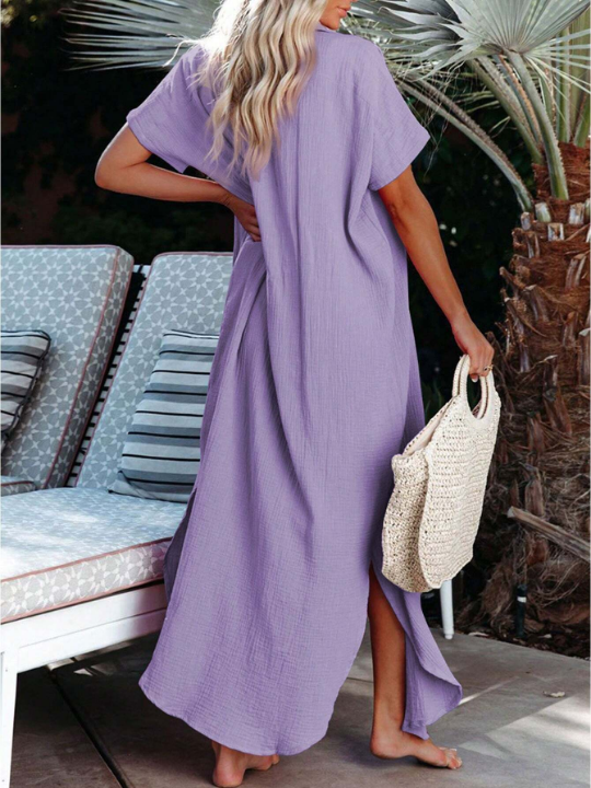 Casual Ruched Button Slit Side Split Button Hem Long Kimono Swimsuit Plus Size Beach Dresses