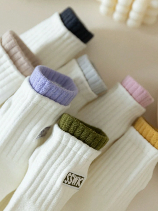 6pairs/Set Women's Autumn & Winter Random Colors Mid-Calf Sports Socks With Letter Detail, Anti-Odor