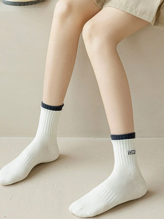 6pairs/Set Women's Autumn & Winter Random Colors Mid-Calf Sports Socks With Letter Detail, Anti-Odor