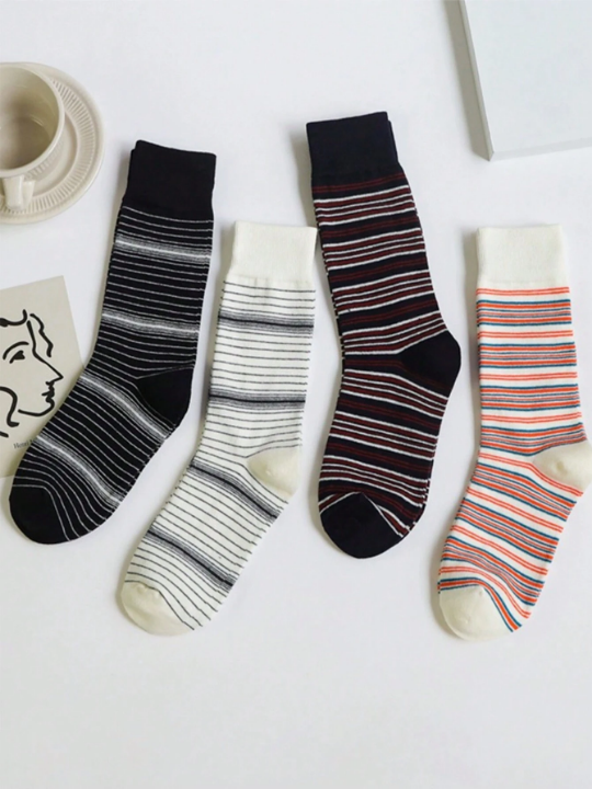 4pairs/Set Colorful Random Striped Mid-Calf Socks, Black & White Minimalist Sports & Leisure Contrast Color Ribbed Socks For Women