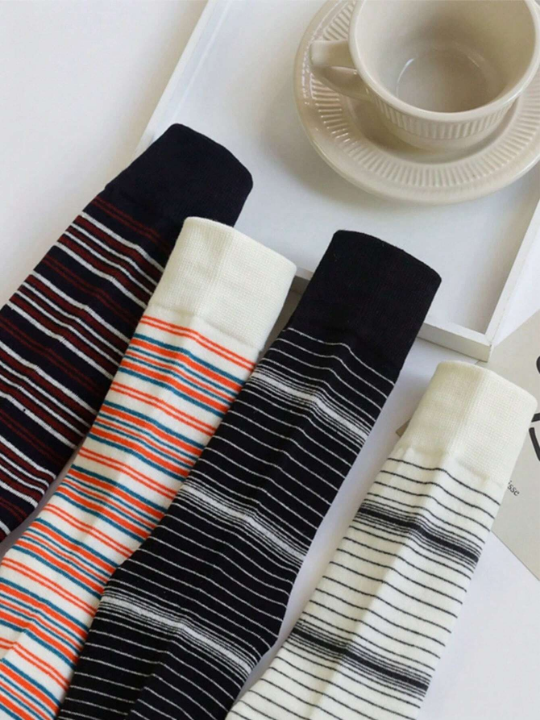 4pairs/Set Colorful Random Striped Mid-Calf Socks, Black & White Minimalist Sports & Leisure Contrast Color Ribbed Socks For Women