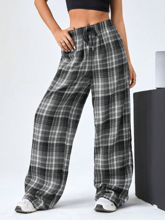 EZwear Multicolor Plaid Woven Drawstring Women's Long Pants