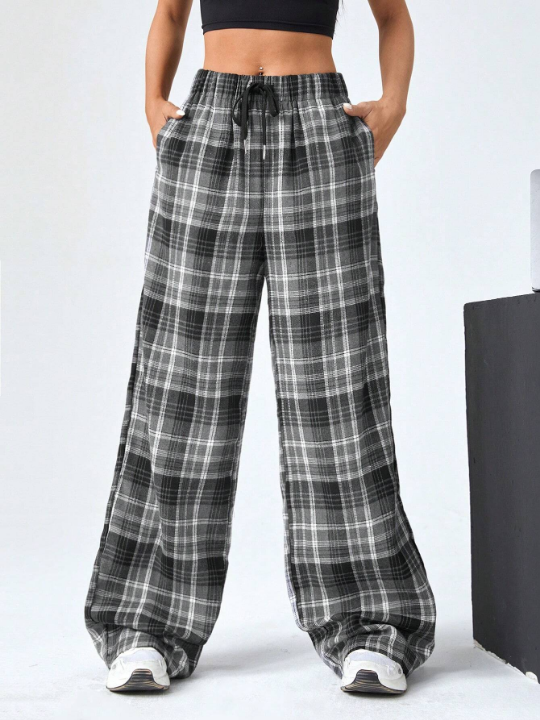 EZwear Multicolor Plaid Woven Drawstring Women's Long Pants