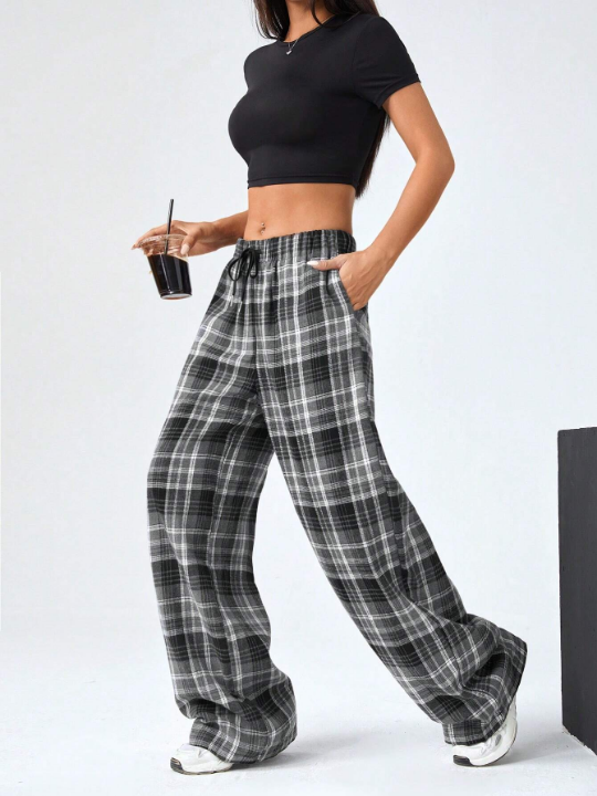 EZwear Multicolor Plaid Woven Drawstring Women's Long Pants