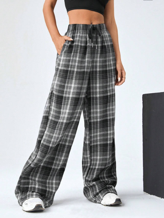 EZwear Multicolor Plaid Woven Drawstring Women's Long Pants