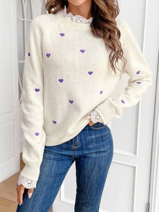 Frenchy Women's Love Heart Pattern Raglan Long Sleeve Sweater