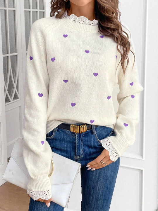 Frenchy Women's Love Heart Pattern Raglan Long Sleeve Sweater