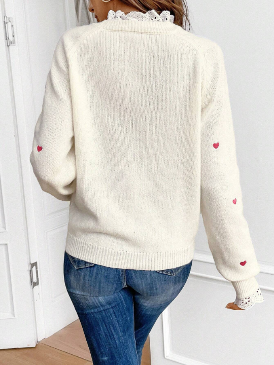 Frenchy Women's Heart Pattern Raglan Long Sleeve Sweater